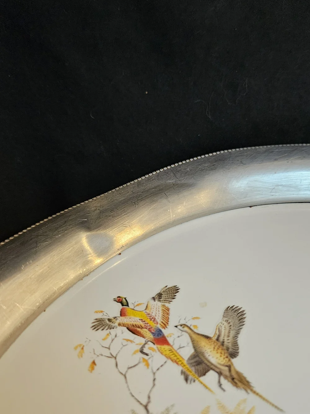 Vintage Revere Pewter & Porcelain Serving Tray ~ Pheasants ~ 13”